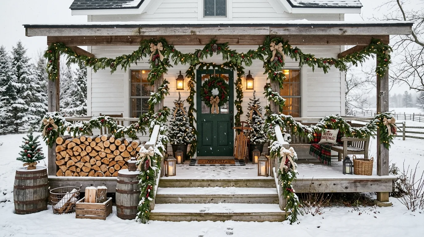 Layer garland where the porch architecture can support it inspiration for a Christmas porch.